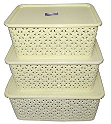 BASKET WITH LID (SET OF 3) (SMALL, MEDIUM & BIG) - IVORY